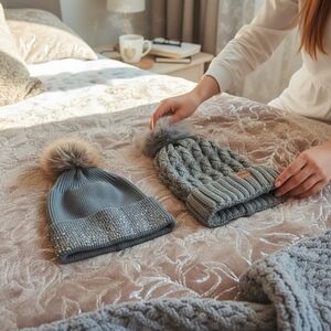 2‑Pack Cozy Winter Knit Beanies w/ Faux Fur Poms – Gray Neutrals – NWOT